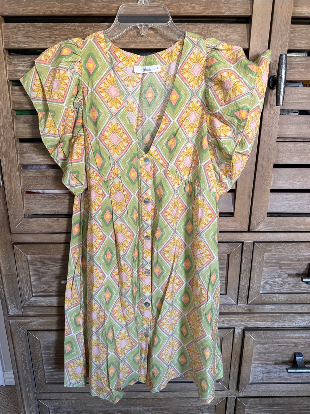 TALULAH Green and Yellow Geometric Button-Front Mini Dress